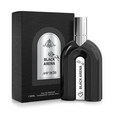 A black and silver bottle of Mirada Black Arena 85ml EDP by Mirada is displayed beside its matching black box packaging, ideal for those who enjoy a refined Chypre Fruity fragrance.