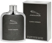 Jaguar Classic Chromite 100ml EDT by Jaguar features a sleek black and silver bottle and box, both displaying the Jaguar logo and product name.