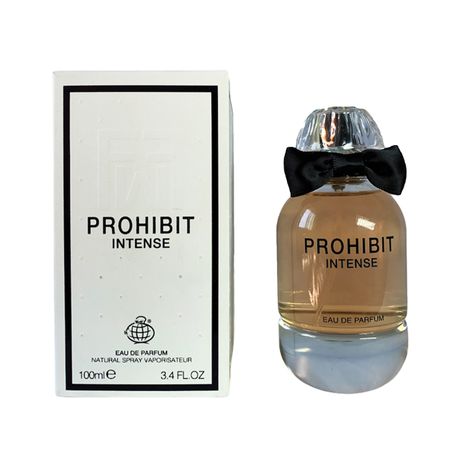 A bottle of Dubai Perfumes Fragrance World Prohibit Intense 100ml Eau de Parfum for women.