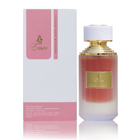 A bottle of Emir Vanilla & Roses 75ml Eau De Parfum by Paris Corner with a box next to it, containing a fragrance of vanilla and roses.