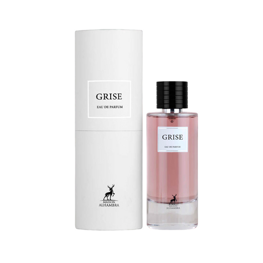 Bottle of "Maison Alhambra Grise 100 ml Eau De Parfum" for men next to its packaging by Rio Perfumes.