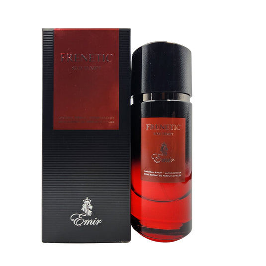 A bottle of Emir Frenetic Red Tempt 100ml Eau De Parfum by Paris Corner with a red box next to it.