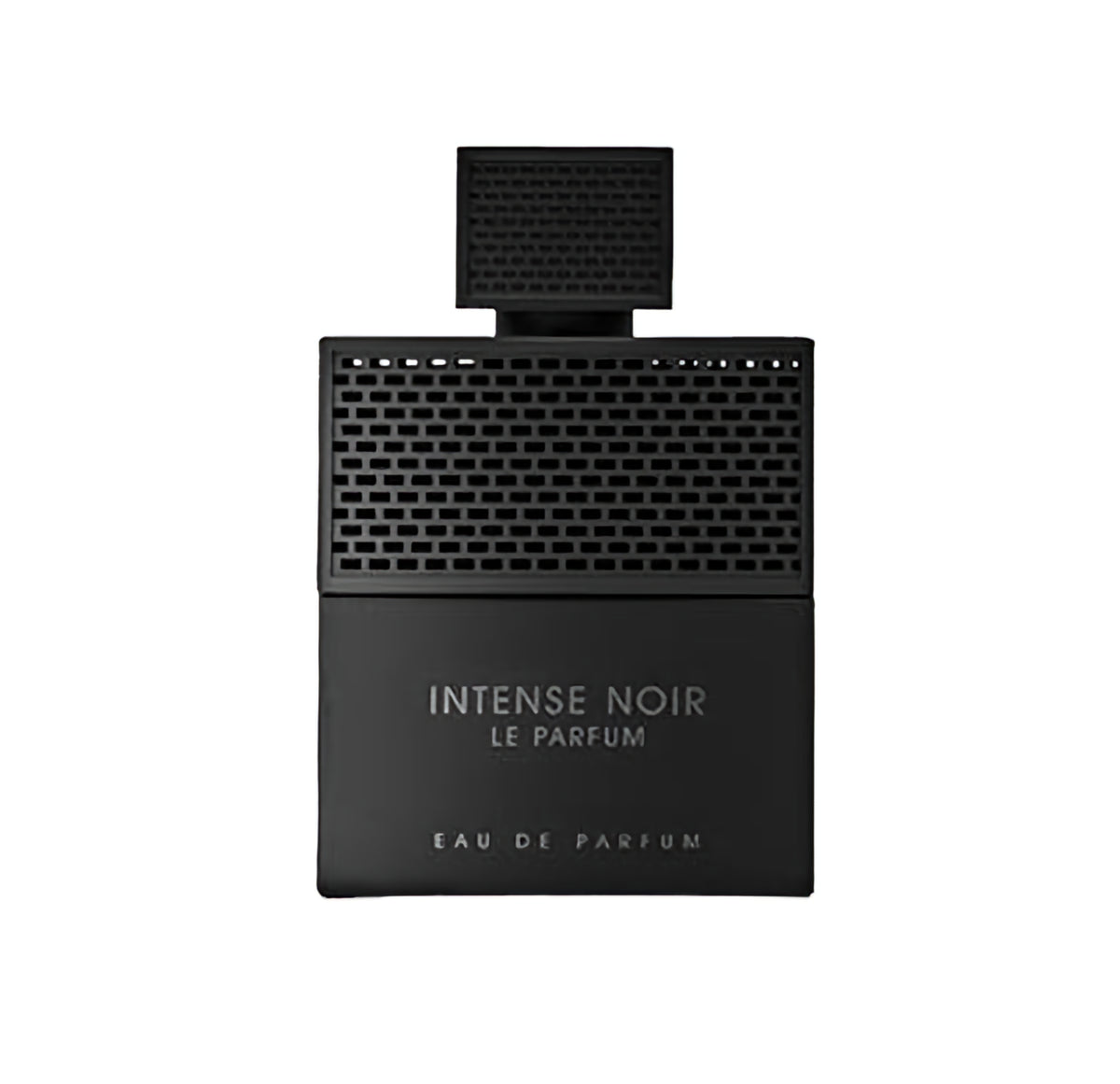 Fragrance World Intense Noir Le Parfum 100ml EDP is a unisex scent in a sleek black rectangular bottle with a textured cap, featuring black cardamom. Minimalist design by Fragrance World, bottle isolated on white background.