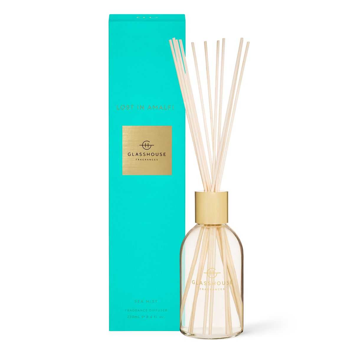 The Lost in Amalfi Glasshouse 250ml Diffuser by Rio Perfumes includes a sleek glass bottle with reeds and is elegantly paired with a turquoise box.