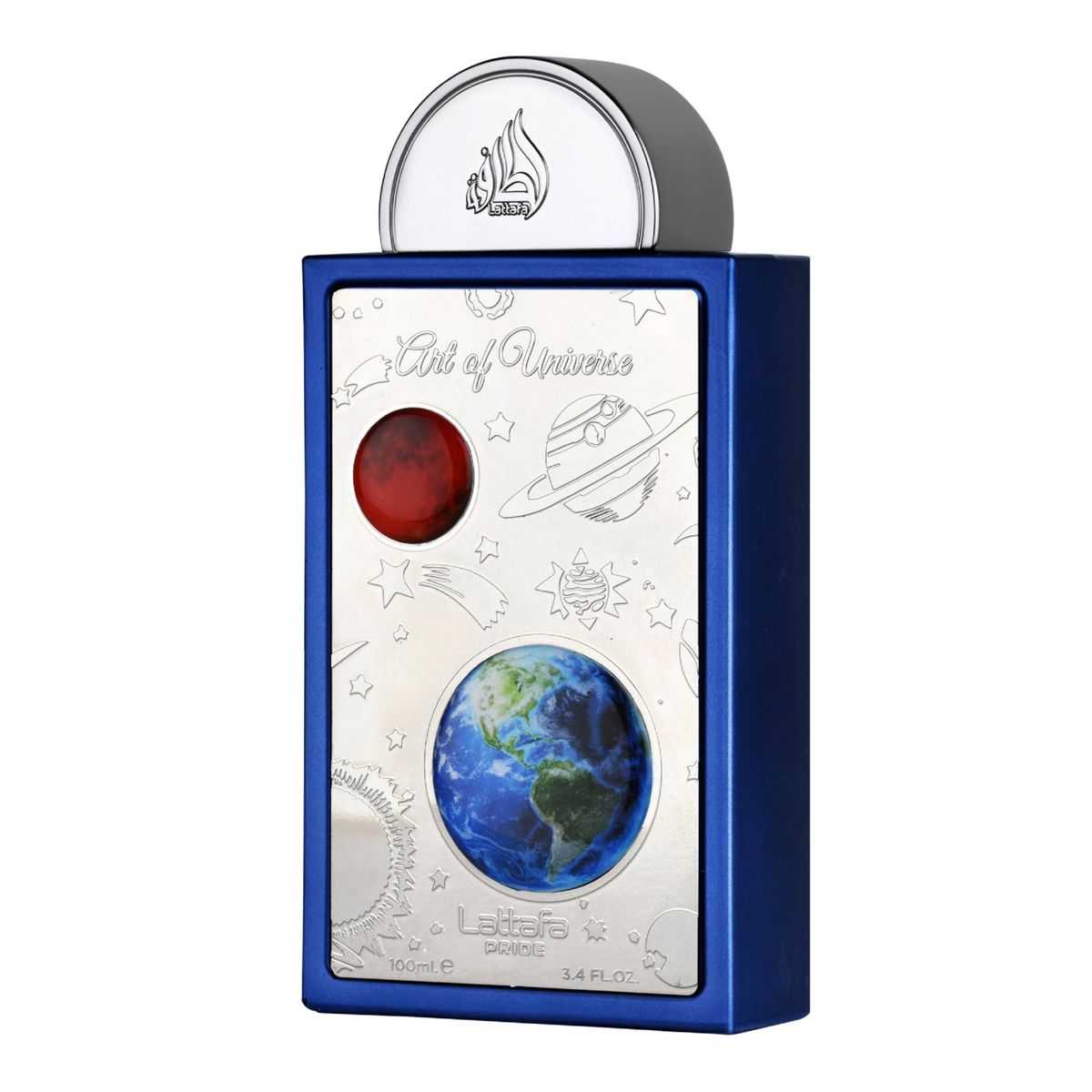 The Lattafa Art of Universe 100ml EDP features a blue rectangular bottle with silver accents, planetary designs, and images of Earth and a red planet, topped with a round silver cap.