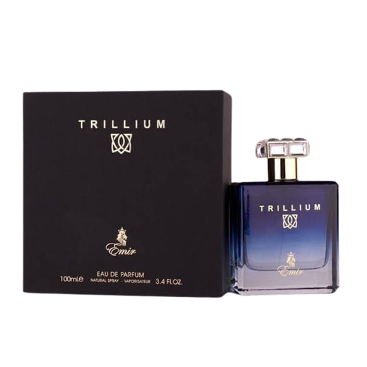 Bottle of Rio Perfumes Emir Trillium 100ml Eau De Parfum next to its packaging.