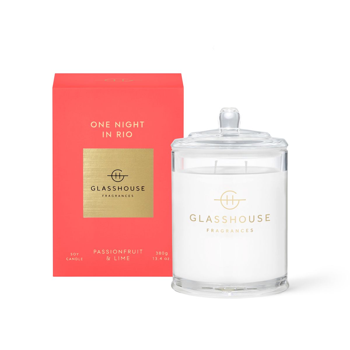 The Glasshouse One Night in Rio 380g Soy Candle features a vibrant passionfruit and lime aroma, stylishly encased in striking red packaging.