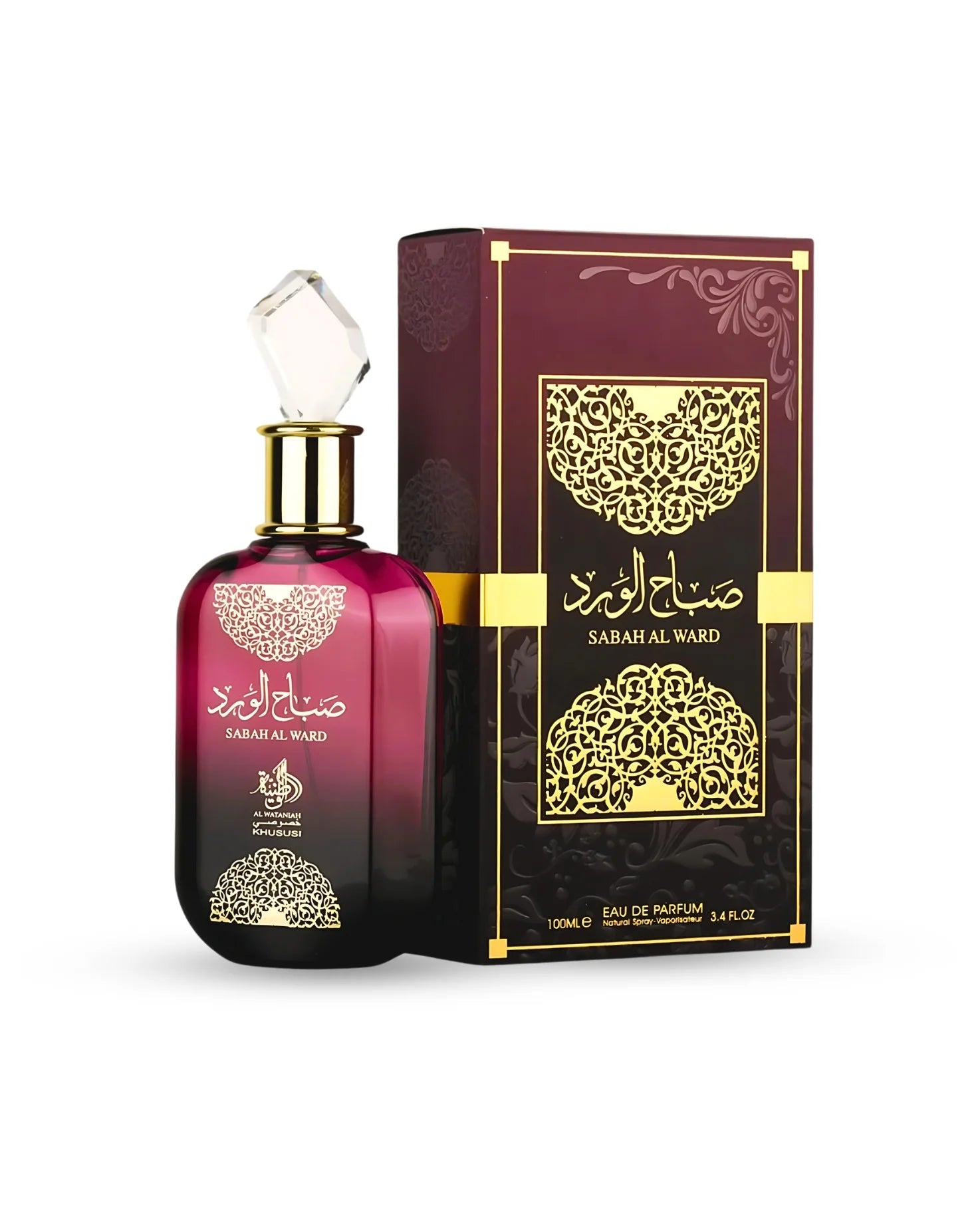 A maroon perfume bottle with a gold label and decorative cap is displayed beside its coordinating gold and maroon box labeled “Sabah Al Ward.” Al Wataniah Sabah Al Ward 100ml EDP by Al Wataniah is an exquisite Oriental floral Eau De Parfum for women, blending elegance and alluring sophistication.