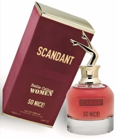 A red and gold perfume bottle labeled “Fragrance World Scandant So NIce!” with a matching box. This Eau De Parfum by Fragrance World, Scandant So NIce! (100 ml), offers an elegant blend ideal for those who appreciate sophisticated floral fragrances.