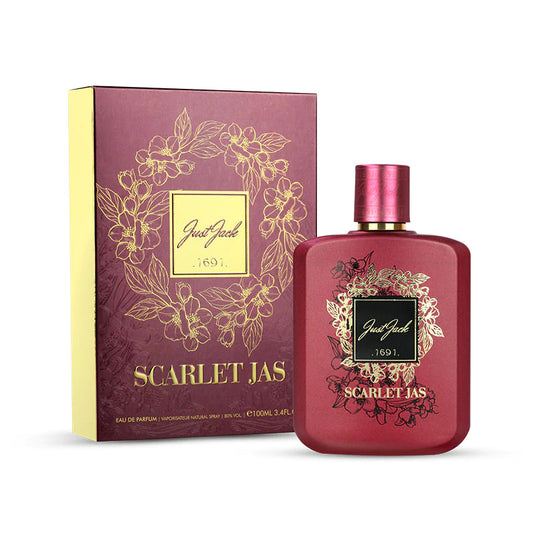 A bottle of Rio Perfumes' "Just Jack Scarlet Jas 100ml Eau De Parfum" next to its maroon packaging featuring floral designs and the year 1691.