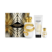 The Roberto Cavalli Serpentine 100ml Parfum Gift Set by Roberto Cavalli comes in a decorative box and includes a perfume bottle, body lotion tube, and mini perfume bottle, each embellished with opulent gold snake designs. Showcasing the floral-oriental fragrance signature of Serpentine, this elegant gift set is ideal for those who cherish sophisticated and captivating scents.