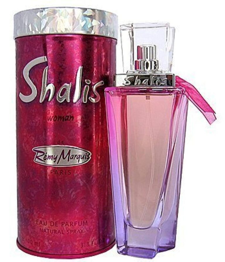 Remy Marquis Paris Shalis Woman 100ml EDP is displayed beside its pink and purple cylindrical box, reflecting the lively floral fruity scent from Remy Marquis.