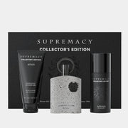 The Afnan Supremacy Collectors Edition 100ml EDP Gift Set by Afnan includes an Eau de Parfum, shower gel, and body spray beautifully displayed before a sophisticated black box.