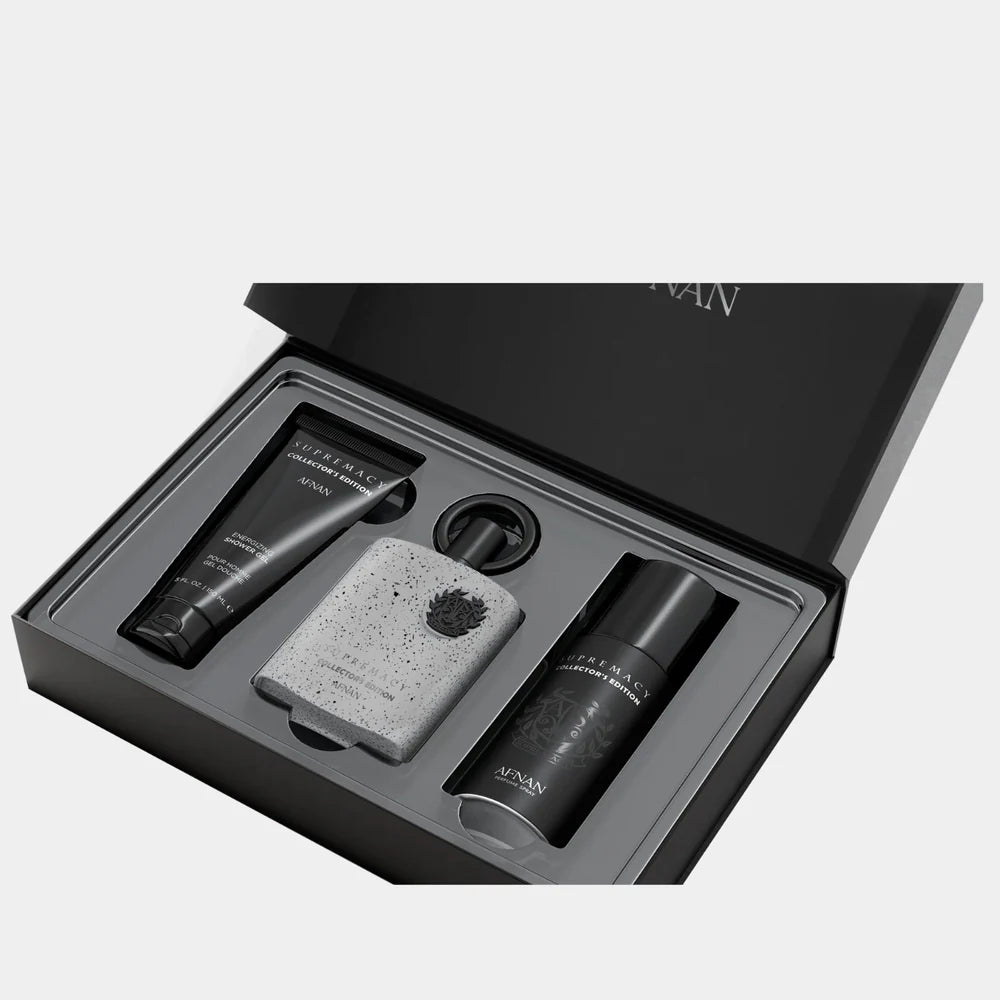 An elegant gift box featuring the Afnan Supremacy Collectors Edition 100ml EDP Gift Set by Afnan—an ideal fragrance collection for the modern man who appreciates luxury and refined grooming essentials.