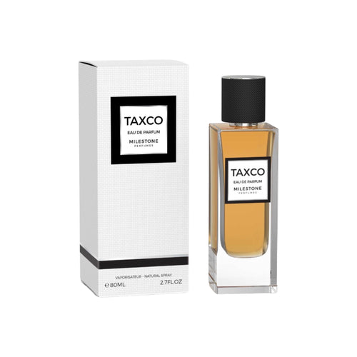 A bottle of Milestone Taxco 80ml Eau De Parfum next to its packaging box.