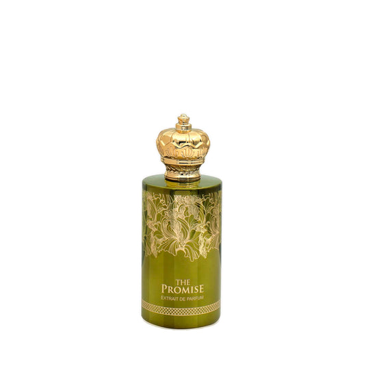 A green bottle embossed with a gold crown, showcasing The Promise Extrait De Parfum from FA Paris.