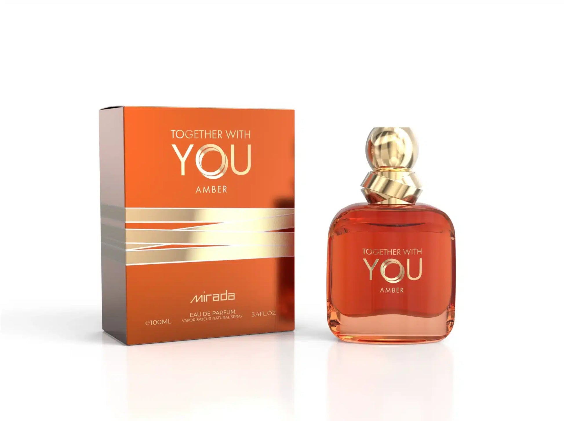 Mirada Together With You Amber 100ml EDP, a luxurious amber perfume for women, comes in a bottle and box with gold accents and amber-hued liquid.