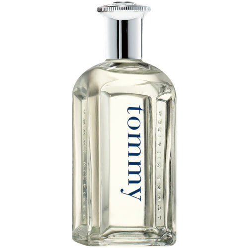 Transparent bottle of Tommy Hilfiger Tommy Man 100ml Eau De Toilette with a silver cap, featuring the brand name in dark blue script on the front.