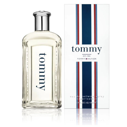 Tommy Hilfiger Tommy Man 100ml Eau De Toilette bottle next to its box with red, white, and blue stripes.