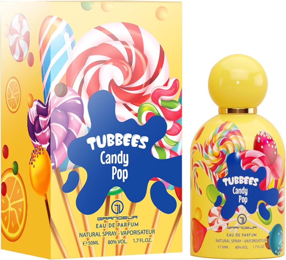 A yellow bottle and box of Tubbies Tubbees Candy Pop eau de parfum, a unisex fragrance with colorful candy illustrations and a blue splash design on its label and packaging.