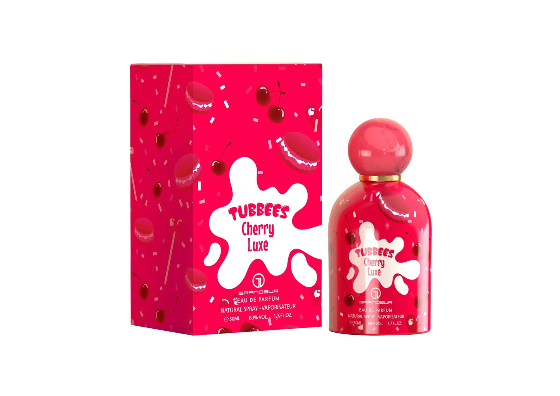 Tubbies Cherry Luxe EDP comes in a vivid pink box and matching bottle with cherry and splash graphics, highlighting this unisex cherry fragrance—Cherry Luxe Eau de Parfum by Tubbies.