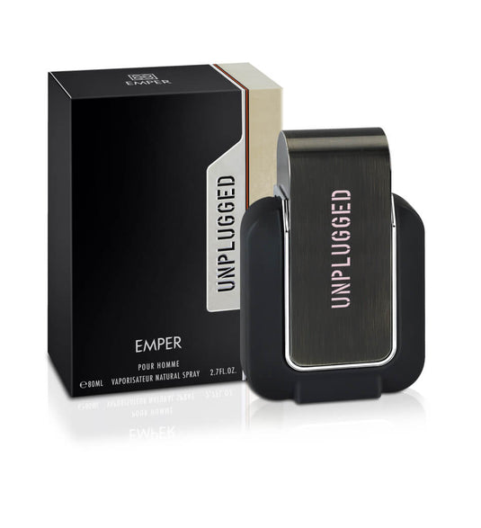 A black and silver bottle of Emper Unplugged Event Pour Homme 80ml Eau De Parfum is shown in front of its matching black and silver packaging box, perfect for any Emper event.