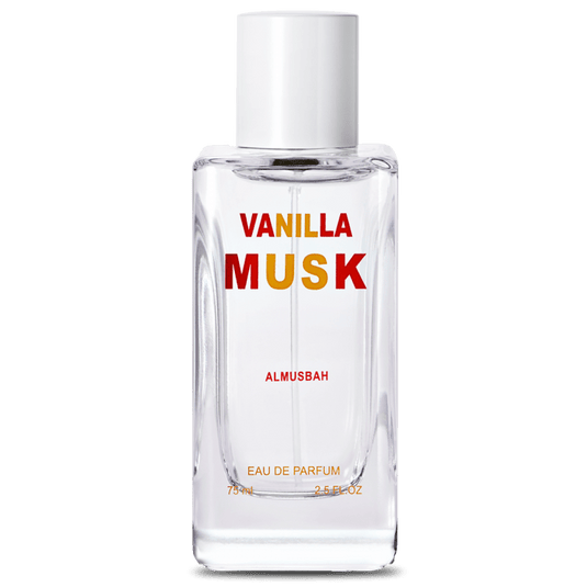 A transparent bottle of "Al Musbah Vanilla Musk" eau de parfum by Rio Perfumes, containing 75 ml or 2.5 oz of fragrance, against a plain green background.