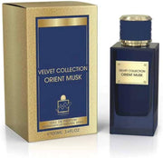 A bottle and box of Milestone Velvet Collection Orient Musk 100ml EDP, a refined unisex fragrance from Milestone, presented in elegant navy and gold packaging.