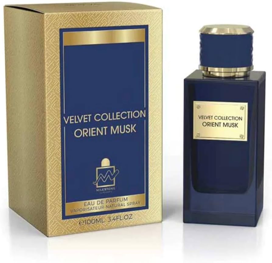 A bottle and box of Milestone Velvet Collection Orient Musk 100ml EDP, a refined unisex fragrance from Milestone, presented in elegant navy and gold packaging.