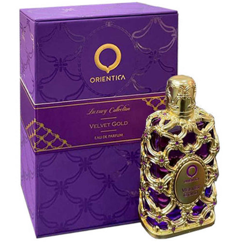 A bottle of Rio Perfumes Orientica Velvet Gold 80ml Eau De Parfum with its decorative packaging, boasting a captivating floral scent.