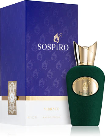 A green and gold Sospiro Vibrato 100ml EDP bottle stands beside its blue and gold box, highlighting this refined unisex fragrance from Sospiro.