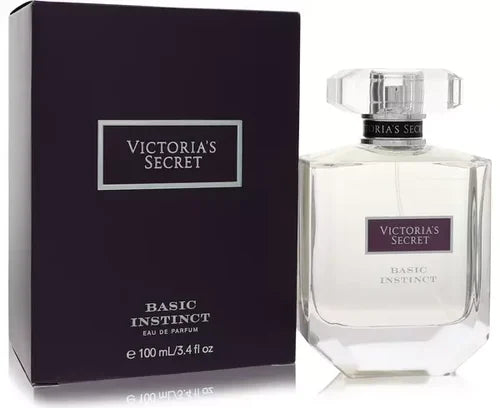 A 100ml bottle of Victoria's Secret Basic Instinct EDP is shown next to its sleek black and silver box.