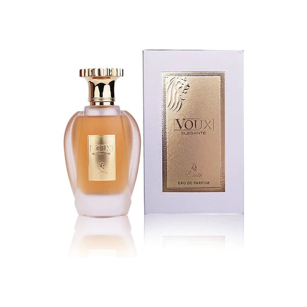 A bottle of Paris Corner Emir Voux Elegante 100ml Eau De Parfum is displayed beside its stylish white and gold packaging box.