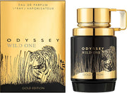 A black and gold bottle of Armaf Odyssey Wild One 100ml Eau De Parfum stands beside its matching box, both adorned with a tiger and grass design—a bold men’s fragrance by Armaf.