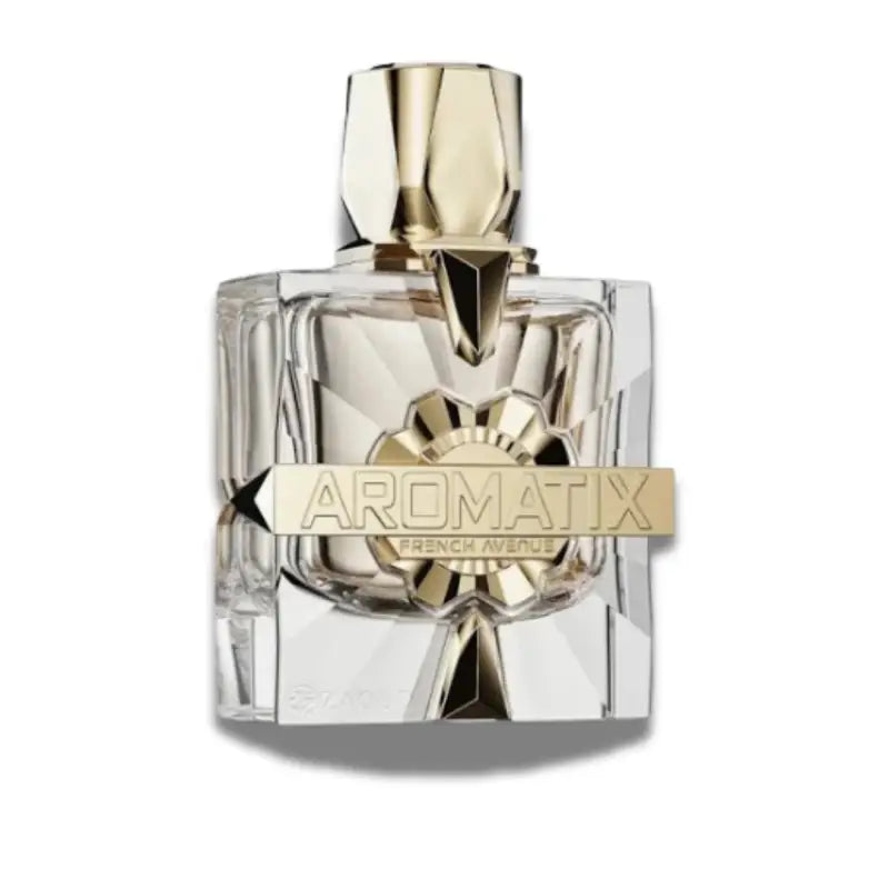 The French Avenue X Xandal Aromatix 100ml Extrait De Parfum comes in a clear glass bottle with gold accents and cap, reflecting a luxurious unisex floral fragrance from the French Avenue brand.