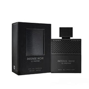 The Fragrance World Intense Noir Le Parfum 100ml EDP, a unisex scent in a sleek black rectangular bottle, is displayed next to its matching box from Fragrance World.