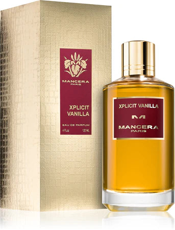 A 120ml bottle of Mancera Xplicit Vanilla Eau De Parfum stands beside its textured gold box, both adorned with dark red and gold labels that showcase the refined style of this luxurious vanilla scent from Mancera.
