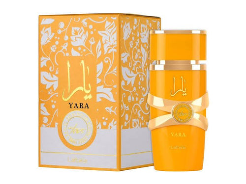 A bottle of Lattafa Yara Tous 100ml Eau de Parfum for Women with its orange packaging box.