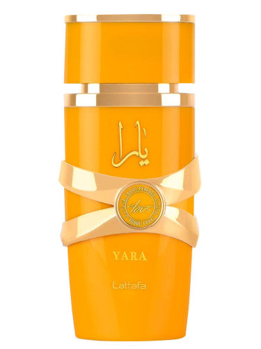 Orange cylindrical bottle of Lattafa Yara Tous 100ml Eau de Parfum with a golden ribbon graphic design for Men and Women.