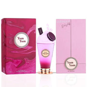Armaf Delights Yum Yum 100ml EDP features a playful pink box and a purple-to-pink ombré bottle shaped like a milkshake, both branded Armaf—an enticing fragrance for women with matching packaging.