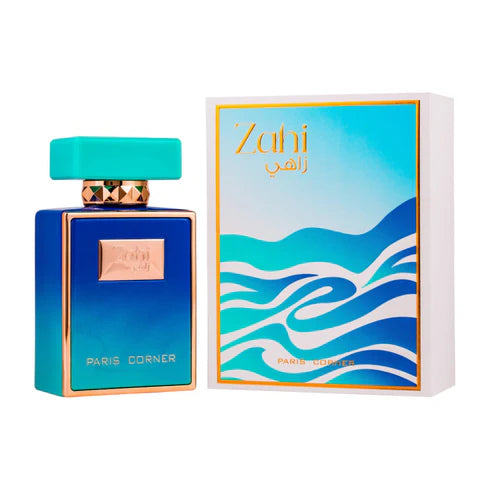 A blue and turquoise Rio Perfumes Paris Corner Zahi 85ml Eau De Parfum bottle, labeled "Zahi Paris Corner," is displayed with its matching wave-patterned box featuring gold accents, creating a striking women’s perfume presentation.