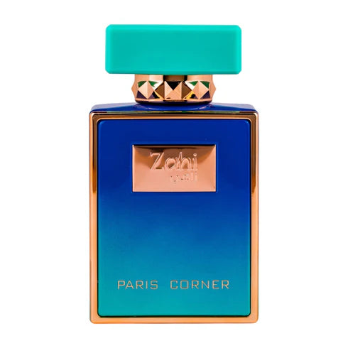This elegant blue and gold 85ml Eau De Parfum by Rio Perfumes, labeled "Paris Corner Zahi" with a green cap, makes an ideal women’s fragrance.