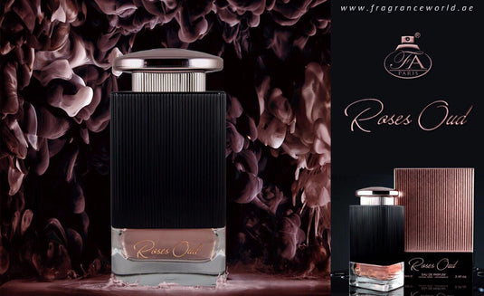 A bottle of Paris Corner Roses Oud 100ml Eau De Parfum with a black background, emitting a captivating fragrance.