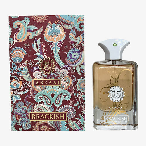 A bottle of Paris Corner Abraaj Brackish 100ml Eau De Parfum by Dubai Perfumes, a men & women fragrance, next to a box.