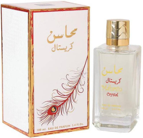 A box of Lattafa Mahasin Crystal 100ml Eau De Parfum, an eau de parfum fragrance by Lattafa.