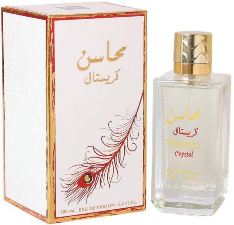Load image into Gallery viewer, A box of Lattafa Mahasin Crystal 100ml Eau De Parfum, an eau de parfum fragrance by Lattafa.
