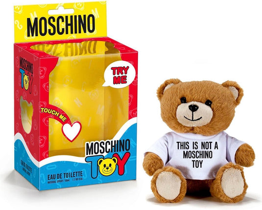 A Moschino Toy Unisex Bear 50ml Eau De Toilette teddy bear in a box with an Eau de Toilette fragrance.