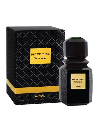 A bottle of Ajmal Hatkora Wood 100ml Eau De Parfum available at Rio Perfumes.