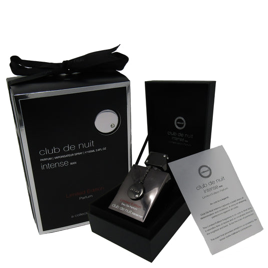 A black box with a bottle of Armaf Club de Nuit Intense limited edition Parfum 105ml and a gift card.