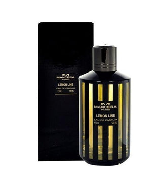 A bottle of Mancera Lemon Line 120ml Eau De Parfum with a black box next to it, available at Rio Perfumes.